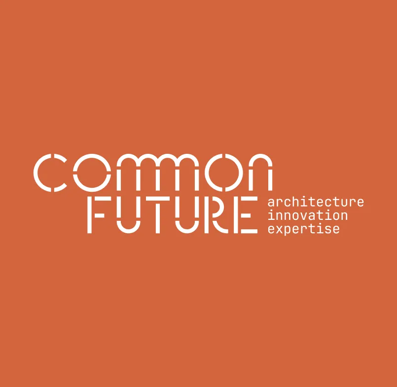 White coloured Commonfuture lock-up logo on burnt orange background.