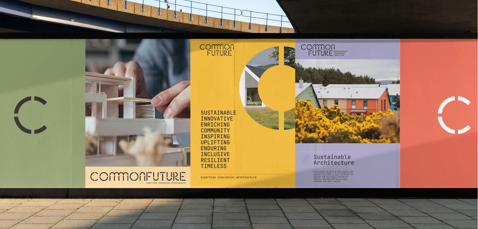 Billboard depicting multiple layouts of the Commonfuture branding in various colours.
