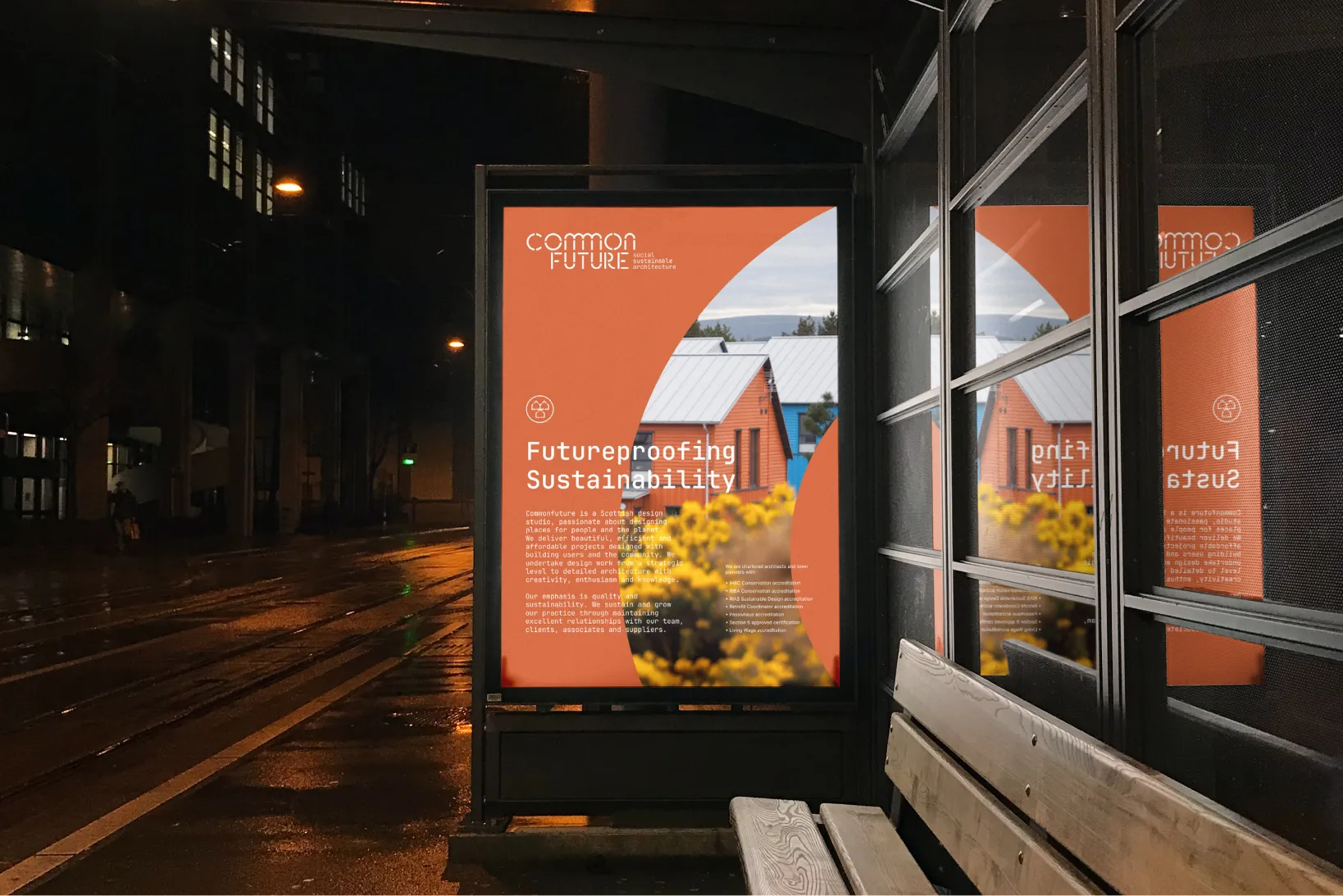 Bus stop scene showing a Commonfuture advertisement.