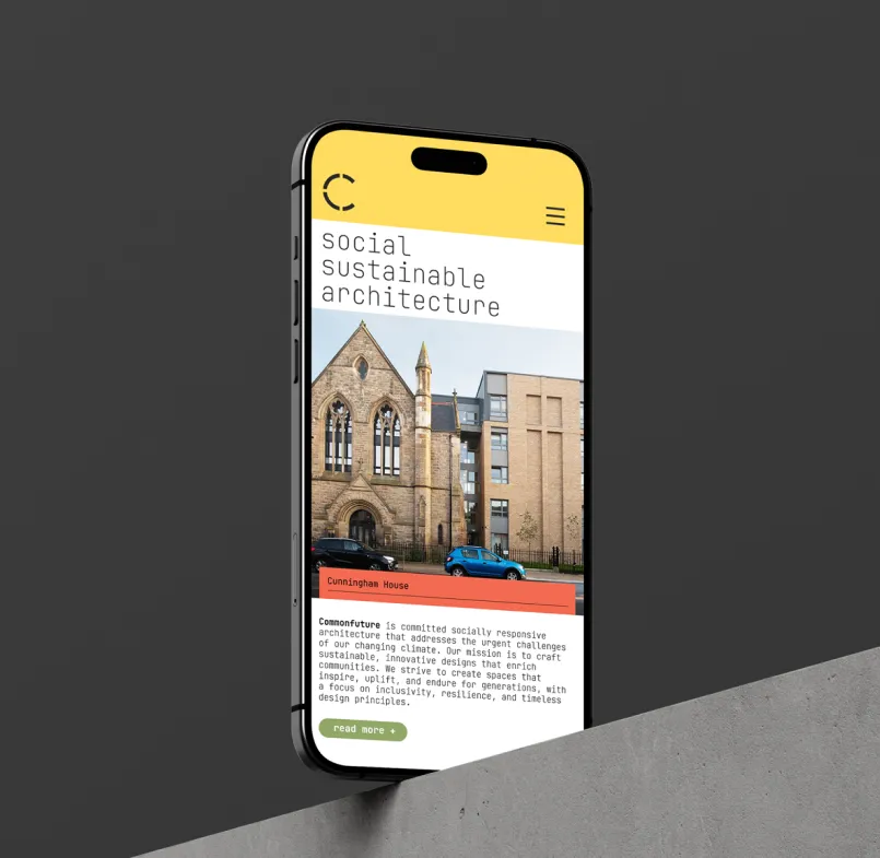 Commonfuture website design in mobile phone layout.